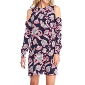 Crown & Ivy Navy/Pink Paisley Print Ruffle Neck Cold Shoulder‎ Dress